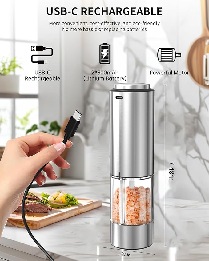 CIRCLE JOY Electric Pepper Grinder Stainless Steel Rechargeable Pepper Mill with Variable Grinding Speed, External Adjustable Coarseness, 95ml Container and White LED Light, Silver