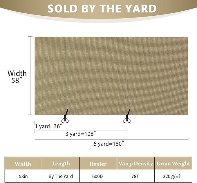 Waterproof Canvas Fabric by The Yard 58inch 600D Upholstery Material Polyester Fabric Outdoor Water Resistant Fabric for Sewing Chair Patio Cushion Purse Bag Interior, Pre Cut 1 Yard Khaki