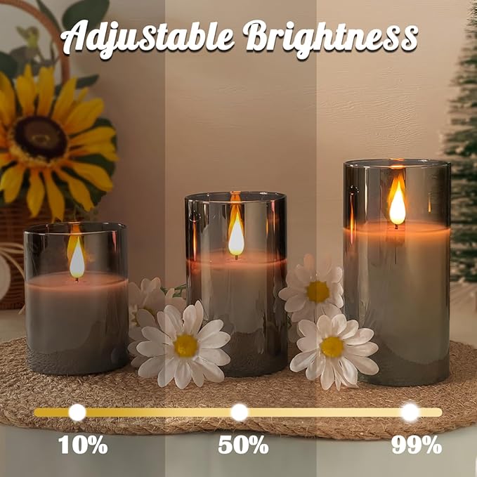 Rechargeable Flameless Candle, Flashing LED Pillar Real Wax Candle with Remote Control and Timer, Upgraded Teardrop Wick, Gray Electronic Candle, 1 Set of 3