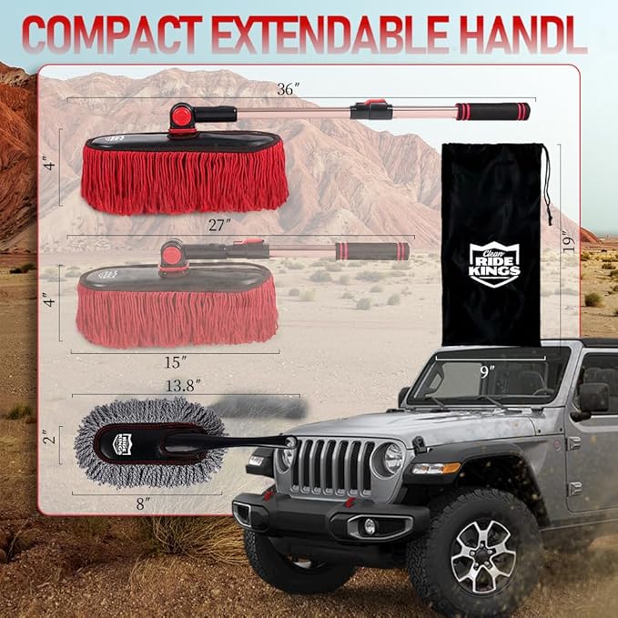 Car Duster with Telescopic Handle for Exterior Scratch-Free Cleaning, Auto Dust Remover Set with Small Brush for Dashboard & Interior Detailing