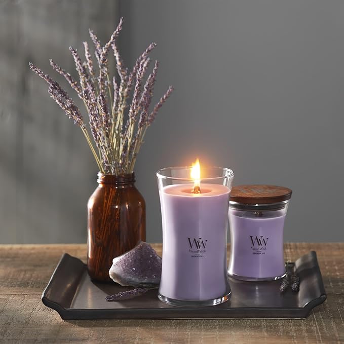 WoodWick Lavender Spa Gifts for Women and Men, 9.7 oz Medium Hourglass Candle with Crackling Wick