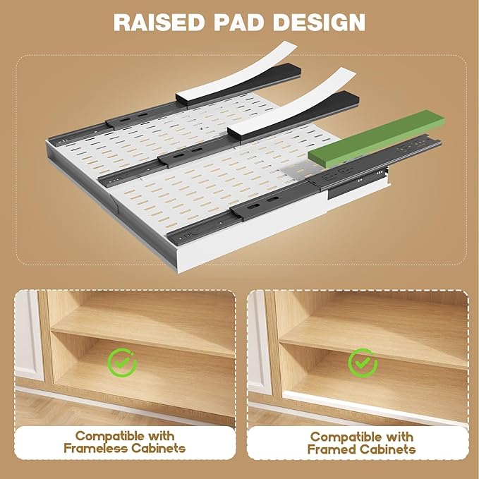 2 Pack Pull Out Cabinet Organizer With Raising Pad for Framed Cabinets,Expandable Width (13"-21") and Depth (17"-24"),3 Slide Rails Slide Out Drawers with Handle,No-Drill Roll Out Shelf,White