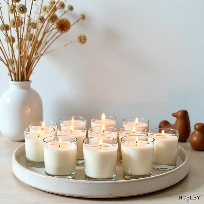 Hosley Set of 12 White Unscented Clear Glass Wax Votive Filled Candles. Hand Poured Vegetable Soy Wax Blend Up to 15 Hour Burn Time. Ideal Gift or Use for Weddings Aromatherapy Party Favor O3