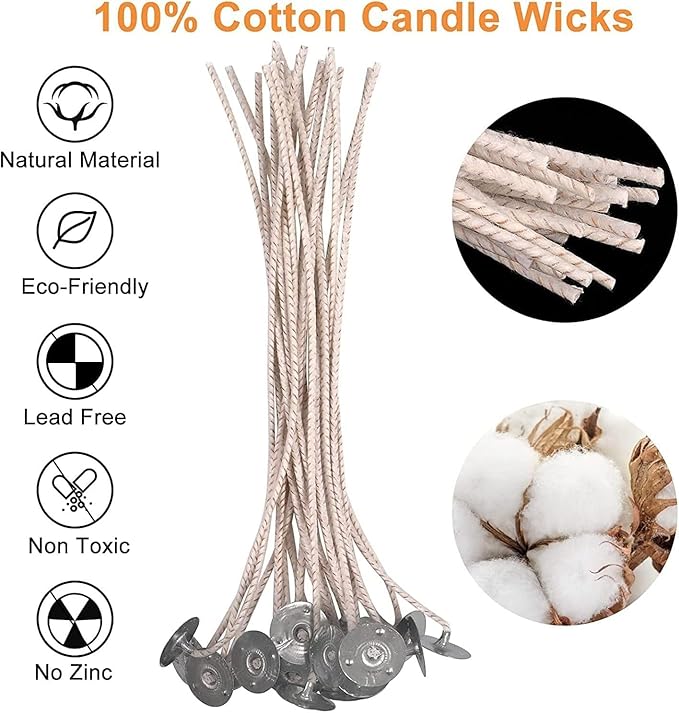100pcs ECO 6 Wicks for Soy Candles, 6 inch Pre-Waxed Candle Wick for Candle Making,Thick Candle Wick with Base