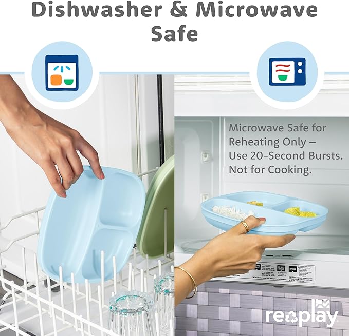 Re-Play Toddler Plates with Dividers - Deep-Walled 3 Compartments Divided Plates for Kids - Dishwasher & Microwave Safe - Made in USA - Set of 4-7.37" x 7.37" x 1.25" - Grey