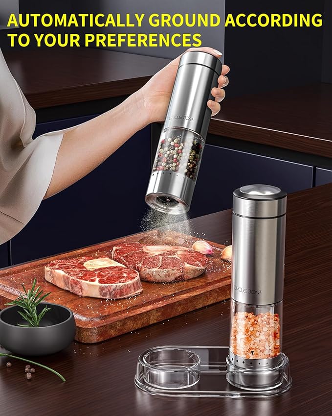 CIRCLE JOY Battery Operated Electric Salt and Pepper Grinder Set with Base, Stainless Steel Pepper Mills with 95ml Container, White LED Light and External Adjustable Coarseness, Silver