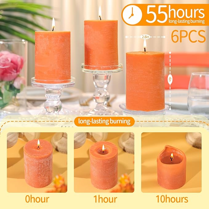 6 Pack Soy Pillar Candles,Natural Soybean Pillar Candles,330 H Long Lasting Burning-Unscented,Dripless and Smokeless Rustic Burnt Orange Hand-Poured Candles Dinner Table,for Wedding,Home 2.8x4in