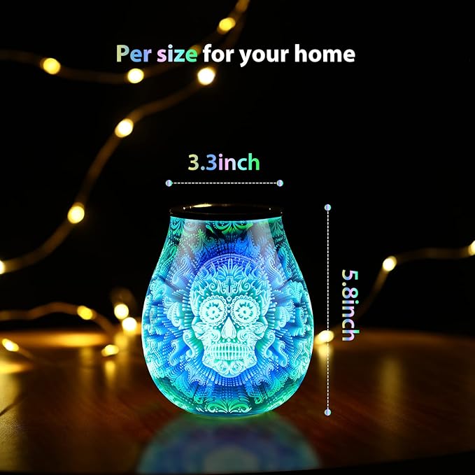 Inrorans Glass Electric Wax Melt Warmer Oil Burner with Stable Heating PTC Reusable Silicone Tray 7 Colorful Changing Led Light Night Light Scent Warmer for Home Fragrance Warmers-Skull