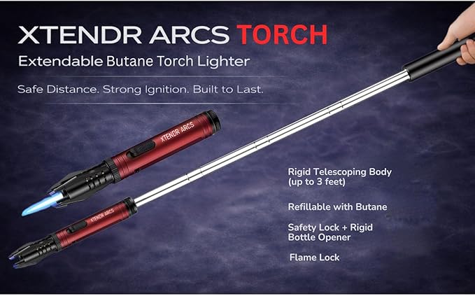 Torch Extendable 3 Feet Extra Long Flame Ignitor for Fireplace Stove Candle Lighter for Pilot Light, Grilling, Camping Firepit, Kitchen, Outdoor BBQ (Black)