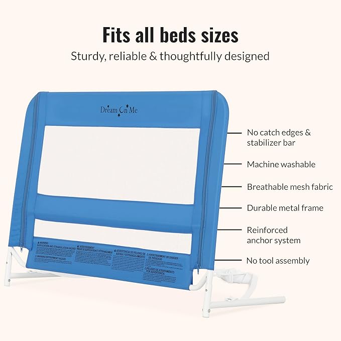 Dream On Me Mesh Security Bed Rail – Toddler Safety Guard with breathable mesh, reinforced anchor system, lightweight, portable, fits adult twin-size beds, Blue