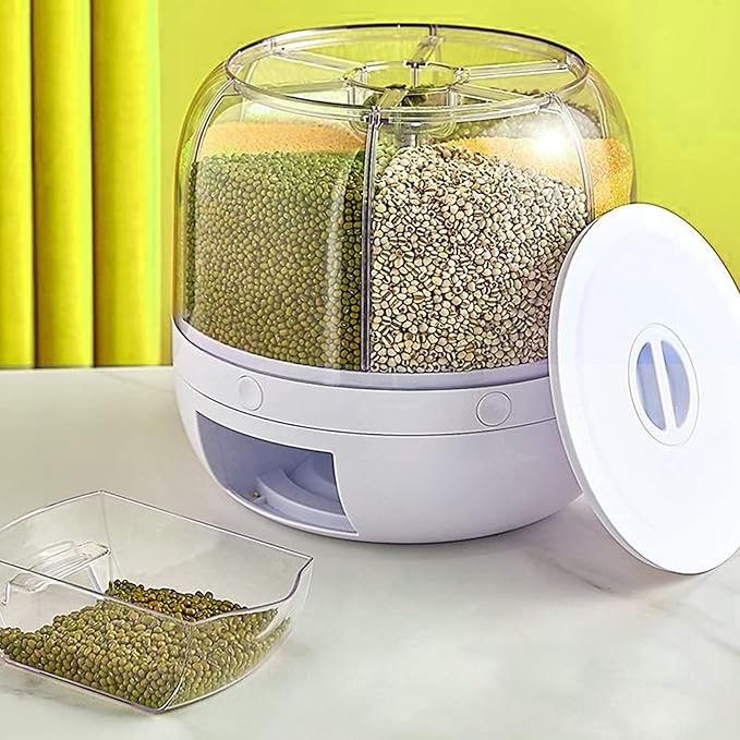 Cereal Dispenser Countertop Rotatable - Grain Containers Tank Dispenser with 6 Compartments - Ideal for Kitchen Storage of Lentils, Rice, Beans and Other Dry Food