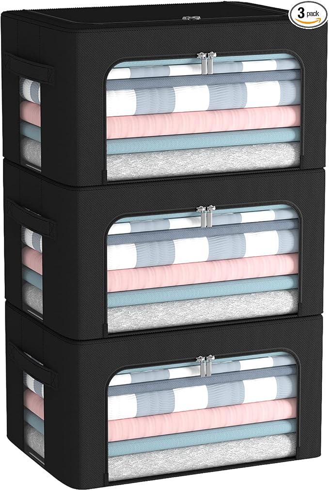 CYhom 3Pack Frame Storage Box - Clothes Storage Bin Bags Oxford Fabric Foldable Stackable Container Organizer Set with Clear Window & Carry Handles (Black, Small-22L)
