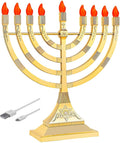 Zion Judaica 6 Pack Electric Hanukkah Menorahs LED USB Powered Menorot Electronic Hanukkiah Battery Minorahs Flamless Chanukah Candles (Gold, 6)