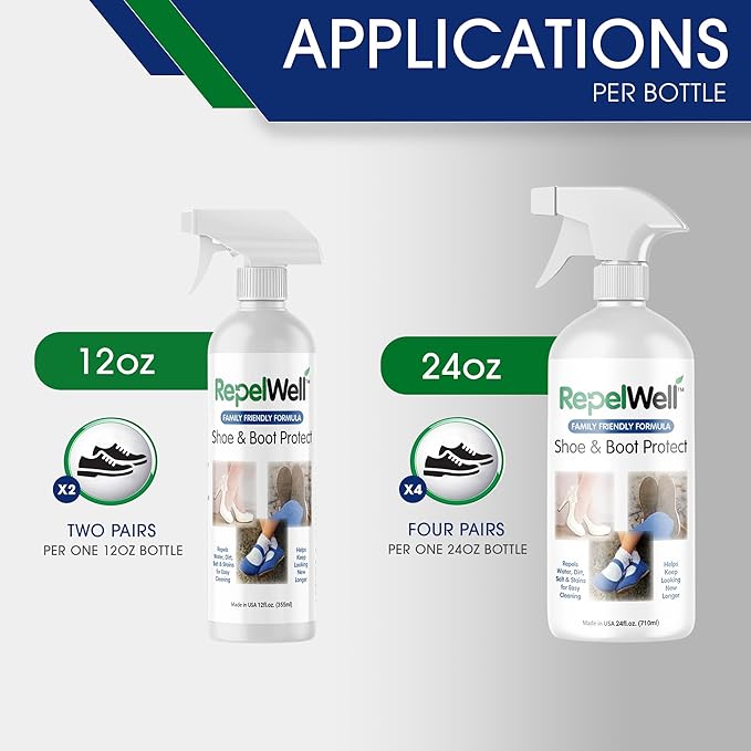 RepelWell Shoe & Boot Stain & Water Repellent (24oz) Eco-Friendly, Pet-Safe Spray Keeps Fabric, Leather & Suede Clean & Dry