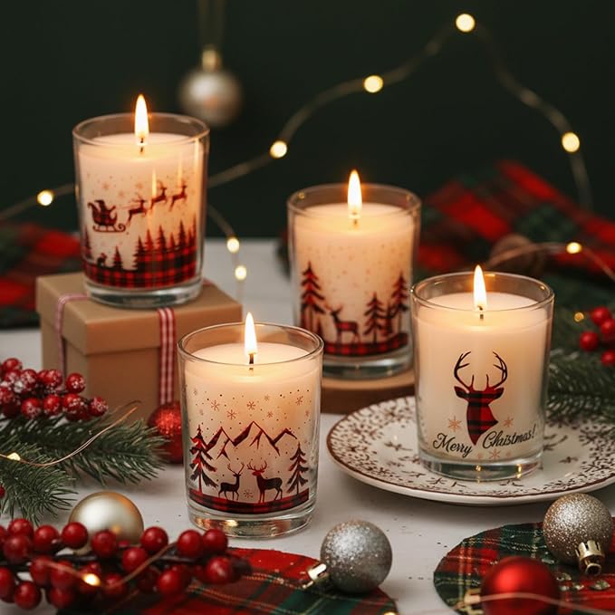 Potchen 12 Pack Christmas Plaid Clear Candle Jars for Making Candles 7 oz Empty Glass Jars with Wood Lids and Blessing Card Xmas Snowflake Candle Containers for DIY Gifts Home Tea Party Holiday Decor