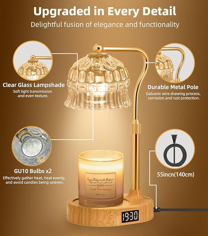 Candle Warmer Lamp with Timer | Adjustable Height & Dimmable | Base Control with GU10 Heating Bulb | Stylish Flameless Wax Melter for Large Jar Candles | Ideal Gift for Home Room Decor