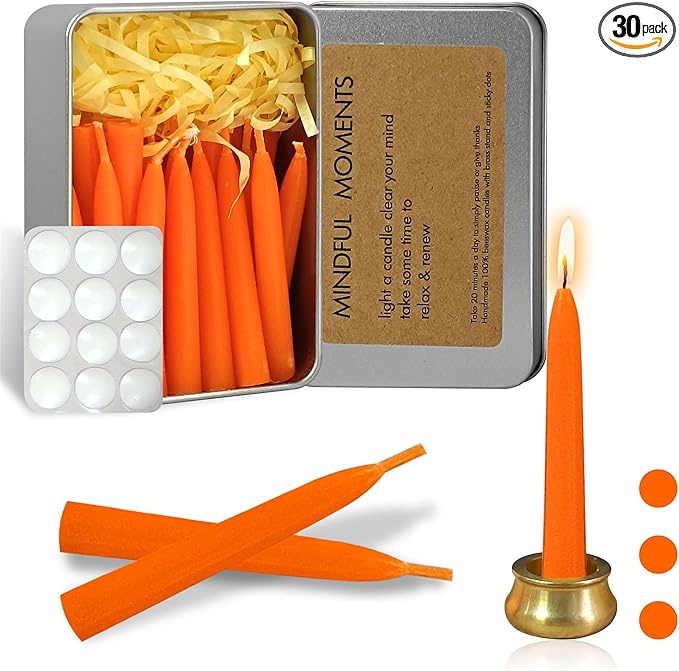 Mini Taper Candle Meditation Candles,Orange 20 Minute Prayer Candlestick Dripless Beeswax Candles with Brass Candle Holder for Yoga & Spiritual Rituals,30-ORA