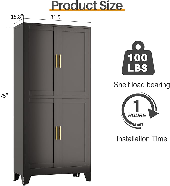 75" H Tall Kitchen Pantry Cabinet, Pantry Storage with Doors and 3 Adjustable Shelves, Metal Storage, Cupboard for Kitchen, Black
