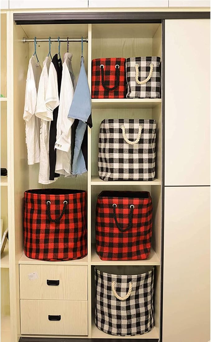 Large Rectangular Decorative Storage Bins Foldable Laundry Hamper Baskets Buffalo Grid Pattern with Rope Handles for Blankets, Toys, Nursery, White Black Grid, L