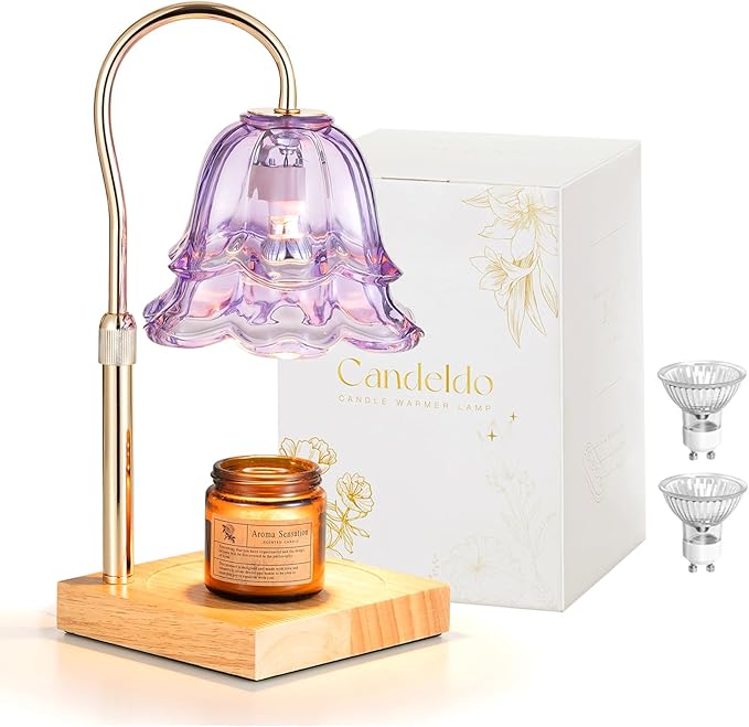 Candeldo Candle Warmer Lamp with Timer: Purple Flower Candle Warming Lamp with 2 Bulbs Height Adjustable Wax Warmer Dimmable Bedroom Decor Mothers Day Gift for Women
