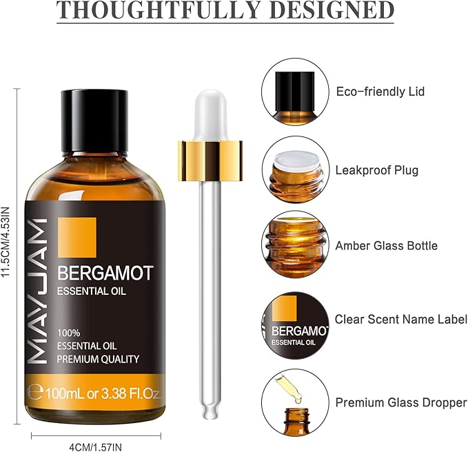 Bergamot Essential Oil, MAYJAM Premium Pure Essential Oils, 3.38FL.OZ Large Volume for Diffusers Soap Candle Making, Ideal for Home Office Car Yoga Use