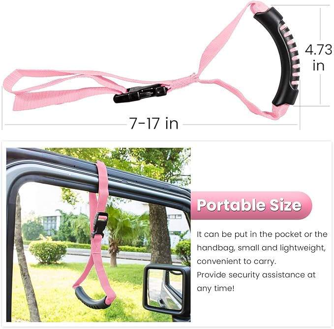 E-cowlboy Auto Cane Grab Aid - Adjustable Standing Aid Safety Handle Portable Vehicle Support Grab Bar Nylon Grip Mobility Assist Device (Pink 2 Pack)
