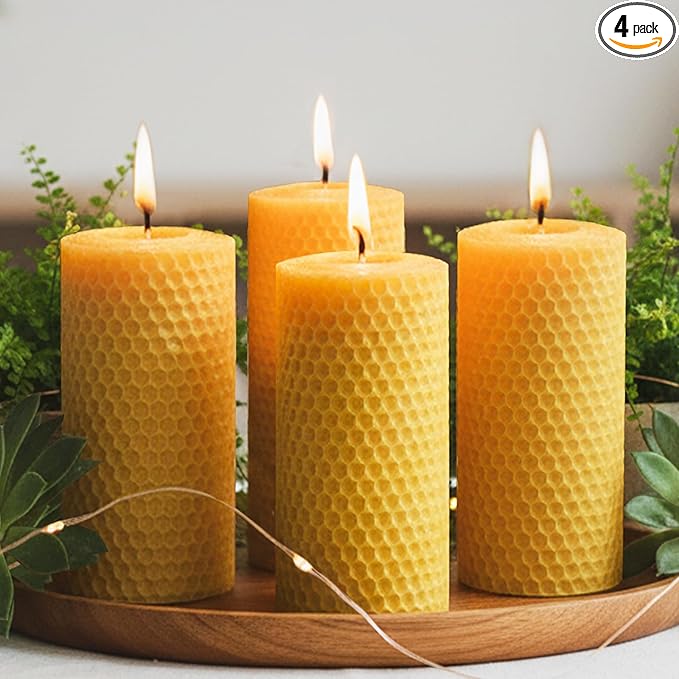 4 Packs 3x6 Inch Beeswax Candles, Large Honeycomb Beeswax Pillar Candles, 45 Hours Burn Time, Natural Pure Bees Wax Candle for Home Decor, Candle Lovers, Air Purify, Gift Sending