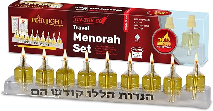 Ner Mitzvah On The Go Travel Menorah Set - 9 Pre-Filled Glass Cups Included - 100% Pure Olive Oil with 100% Cotton Wicks- Burns Approx. 2 1/2 Hrs