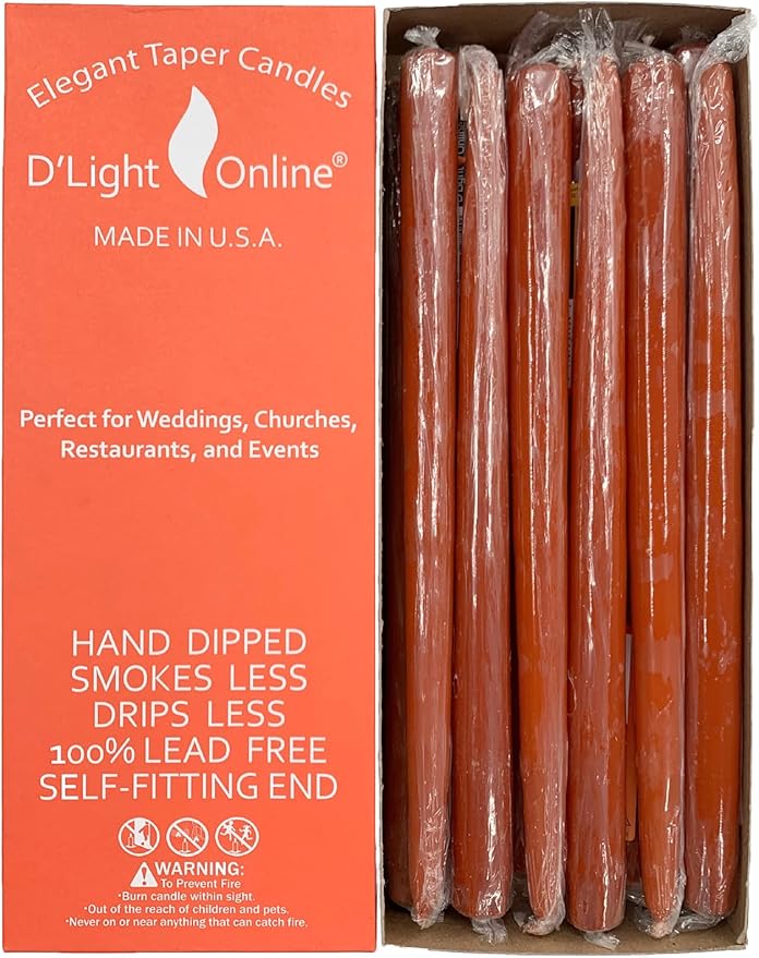 D'light Online Elegant 10" Unscented Cinnamon Burnt Orange Taper Candles, Premium Quality Hand-Dipped Tapered Candles, Dripless and Smokeless - Set of 12 Individually Wrapped (10 Inch, Cinnamon)