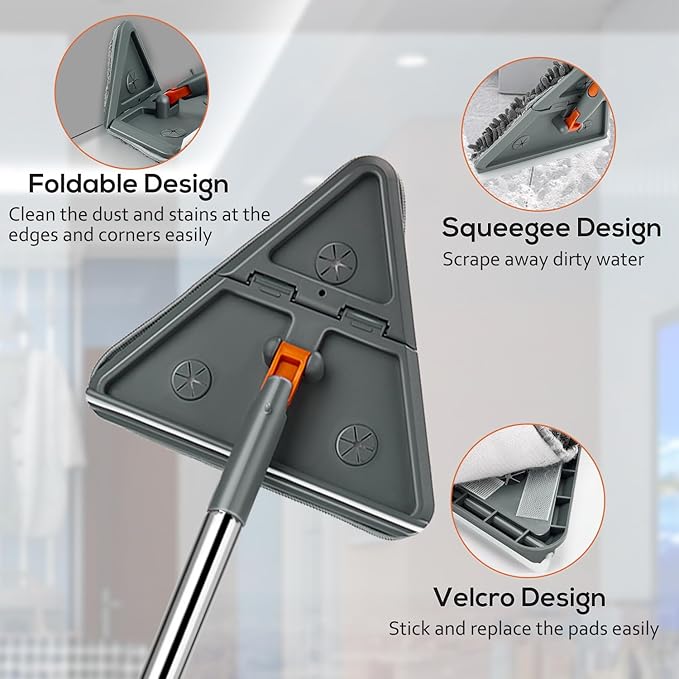 Wall & Base Board Cleaner Tool with 360°Rotating Mop Head, 180°Folding Design for Effortless Baseboards/Ceilings/Wall Cleaning - Adjustable Long Handle Multi-Surface Scrubber & Duster