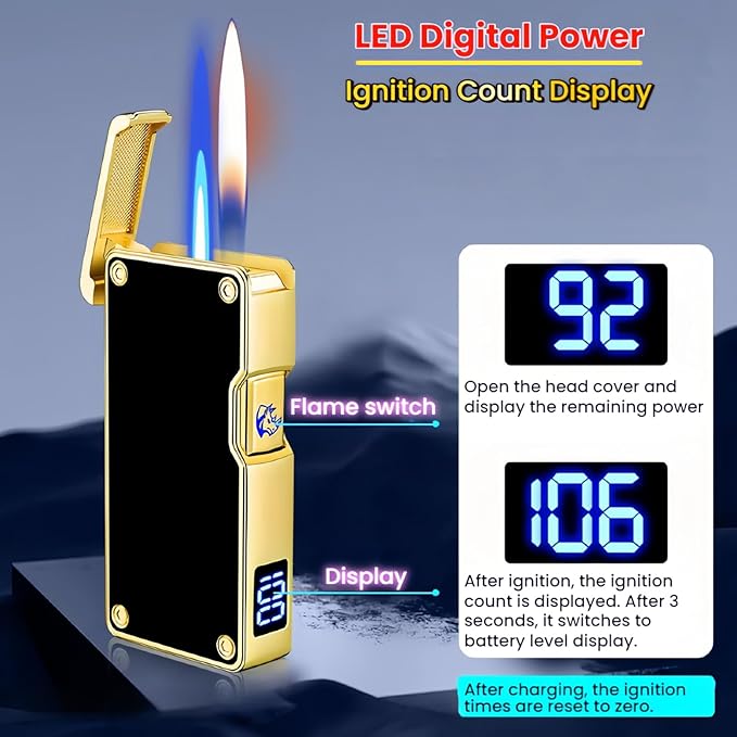 Smart Butane Lighter with 5 Ignition Methods, Voice-Activated Dual Flame Lighter with Windproof Blue Torch and Soft Flame Options, Rechargeable and Refillable Lighters (Without Fuel) (Black)