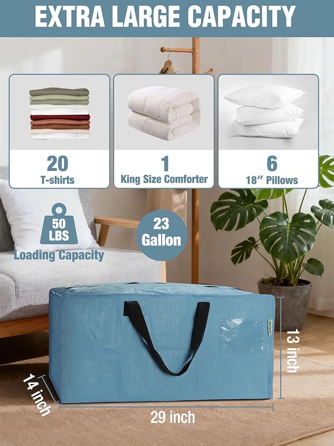 WORKPRO 8 Pack Extra Large Moving Bags with Zippers & Carrying Handles Backpack Straps, Heavy-Duty Storage Tote for Space Saving & Storage, Alternative to Moving Box (Dusty Blue)