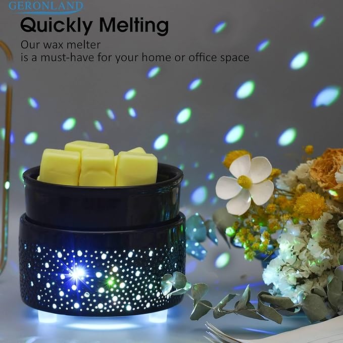 Wax Melt Warmer 3-in-1, Ceramic Candle Warmer & Oil Burner with Starry Sky Holes & Auto-Fading 7-Color Light, Fragrance Warmer for Scented Wax, for Mom Wife Sister (Black)