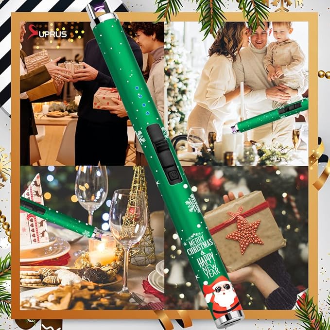 SUPRUS Electric Candle Lighter USB Lighter with Upgraded LED Battery Display Safety Switch Rechargeable Flameless Plasma Windproof Pocket Size (Christmas Green&Christmas Green&Christmas Green)