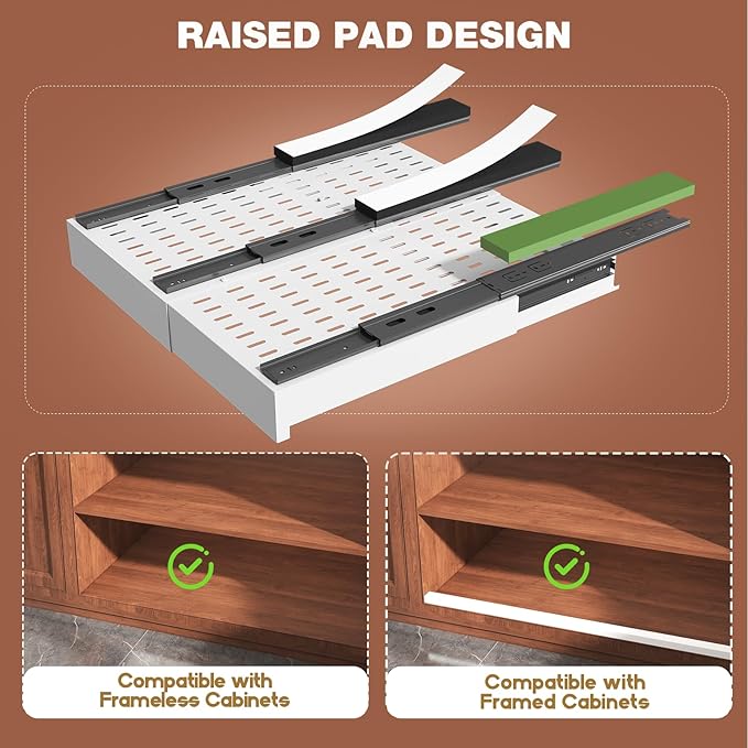4 Pack Pull Out Cabinet Organizer Expandable Width(13"-21") and Depth(17"-24"),Slide Out Drawers With Raising Pad for Framed Cabinets,No Drill Roll Out Shelves for kitchen,Bathroom,White