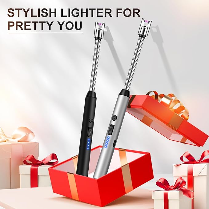 Upgraded 2 Pack Electric Candle Lighter Windproof with 360° Flexible Neck & Safety Lock, USB Rechargeable Flameless Arc Long Lighters for Grill, BBQ, Camping, Fireplace, Stove