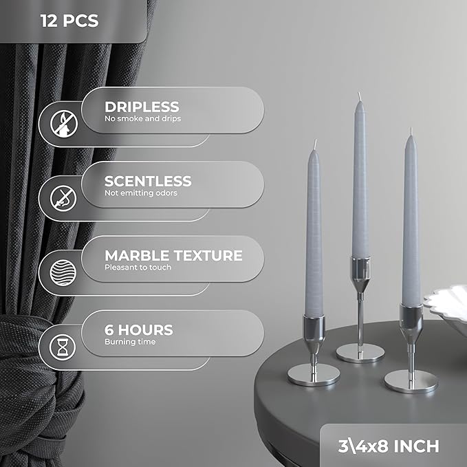 CANDWAX 8 inch Taper Candles - Set of 12 Dripless Tall Long Burning Dinner Party Wedding Decor - Light Gray