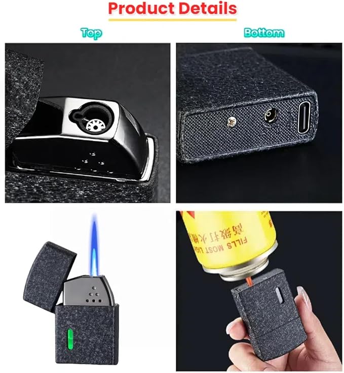 Smart Butane Torch Lighter with 4 Ignition Methods, Voice Activated Windproof Lighter, Straight Jet Blue Flame Refillable Lighters for Candles, Camping (Fuel Not Included) (Silver)
