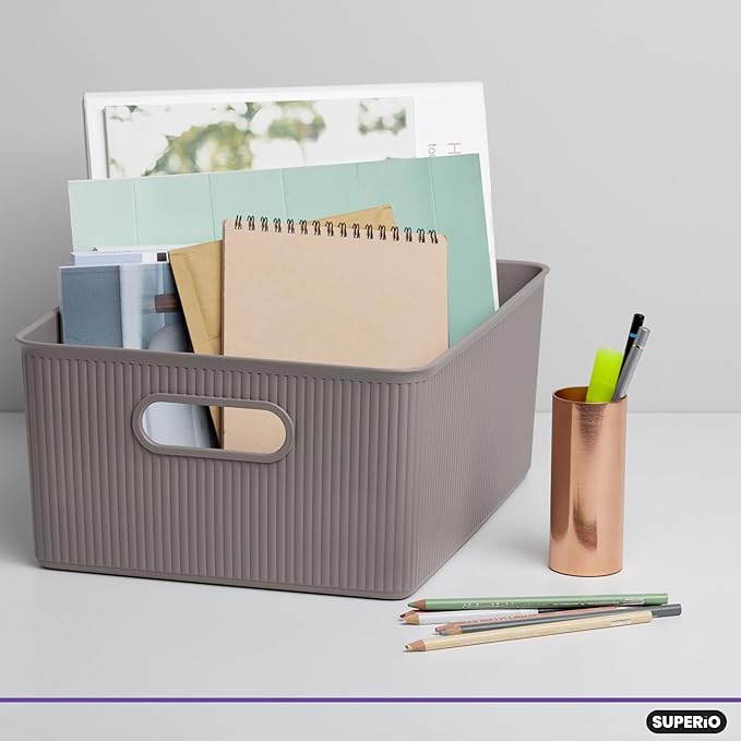 Superio Decorative Plastic Basket Open Home Storage Bins Organizer Baskets, Large Taupe (8 Pack) Container Boxes for Organizing Closet Storage Bins for Shelves Drawer Shelf, 15 Liter