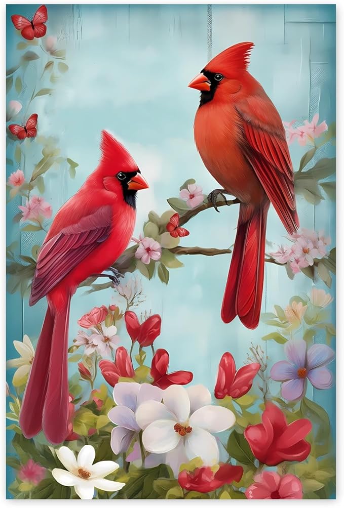 GUAIEUW Red Bird Bouquet Diamond Painting Kit for Adults, Full Round Diamond Cardinal Bird 5D Diamond Painting DIY Art Crafts for Winter Home Wall Decor Holiday Gift 16x20 Inch