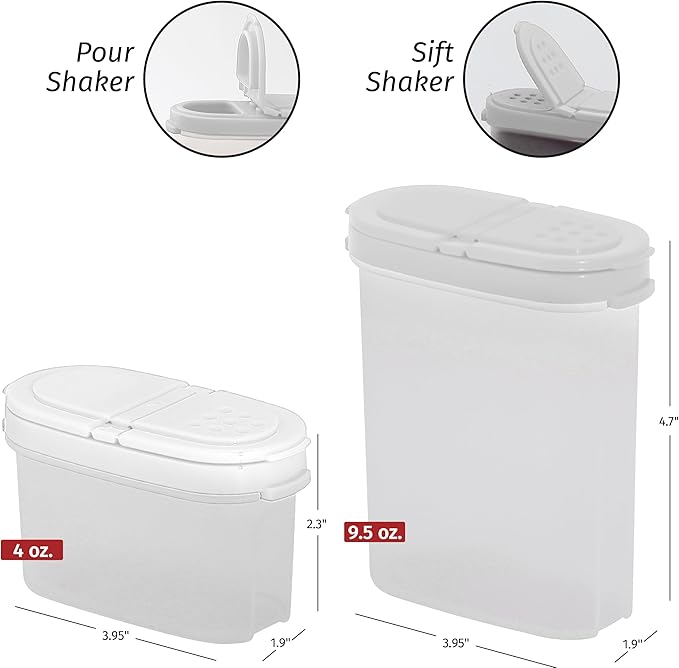 SIGNORA WARE Plastic Spice Containers – Spice Jar Set 8 Pack, 4 Mini, 4 Large – Spice Jars to Store Spices, Herbs, Marinade, Sugar, Salt, Pepper – Refillable Airtight Small Spice Jars with 2 Way Lids