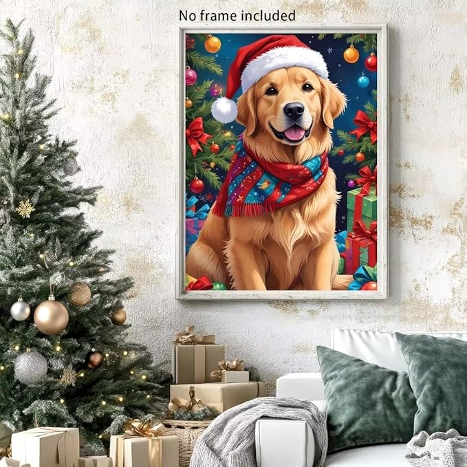 QZOTRXI 5D Dog Santa Hat Diamond Painting Kits for Adults, Full Drill Diamond Art Gift, DIY Christmas Dog Gem Pictures Paint Diamond Art Craft for Home Wall Decor 10x12 Inch