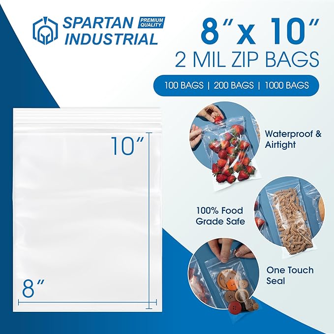 Spartan Industrial - 8” X 10” (200 Count) Quart Clear Reclosable Zip Plastic Poly Bags with Resealable Lock Seal Zipper - 2 Mil