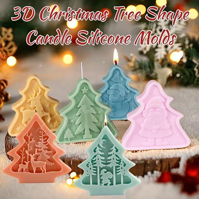 6pcs Christmas Tree Shaped Silicone Mold Set, Atarvana Relief Style Christmas Molds with 10pcs Candle Wick for Soap Candle Making -Christmas Trees, Santa Claus, Reindeer, Snowman