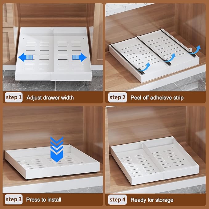2-Pack Expandable Pull Out Drawers for Cabinets, 21" Deep Each, Adjustable 12–20" Width – Magnetic Dividers, Optional Riser, Heavy-Duty 3-Rail Glide, No-Drill Roll-Out Shelf Organizers, White