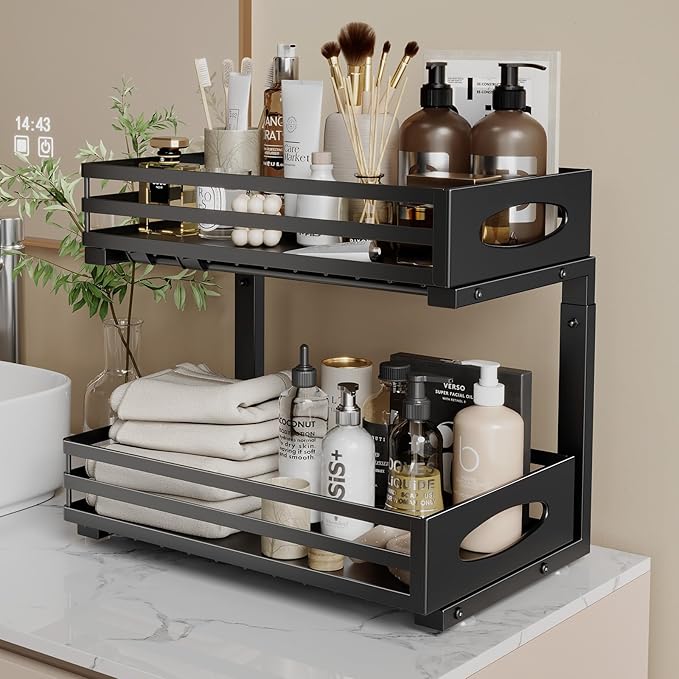 Under Sink Organizer, 2 Tier Under Sink Organizers and Storage, Adjustable Height, Slide out Metal Cabinet Organizers, Pull out Cabinet Storage Drawer Shelf for Kitchen Bathroom (Black, 2)