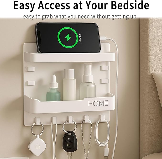 Adhesive Bedside Wall Shelf Organizer with 5 Hooks and Cable Clips, Plastic Wall Storage Holder for Phone, Remote Control, Earphone, Kindle, Keys – Bedroom, Dorm, RV (Black)