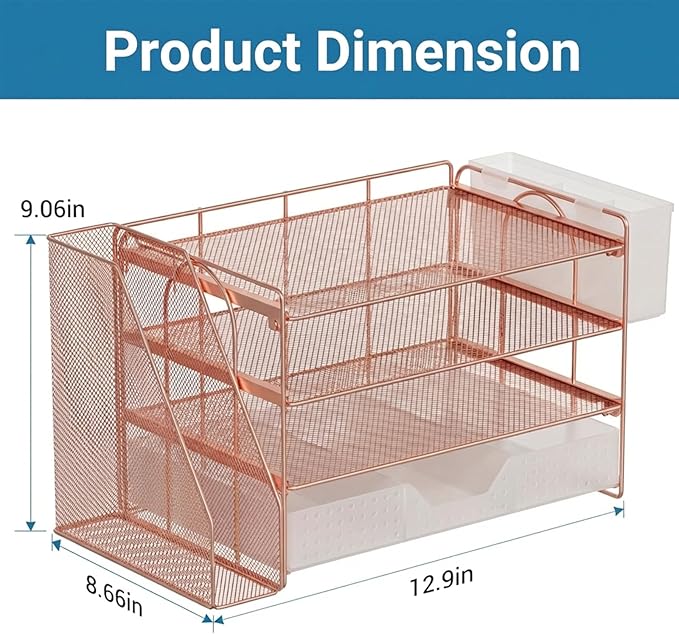ECOLOVI Desk Organizer, 4-Tier Paper Organizer Letter Tray with File Holder, Drawer and 2 Pen Holders, Desktop File Organizer for Office Supplies, Workspace Storage, Rose Gold