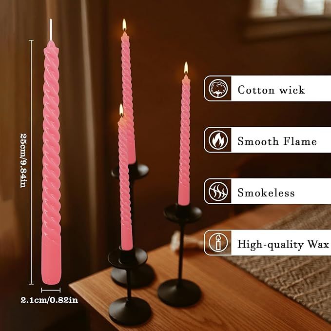 10 Inch Pink Spiral Taper Candle Set of 12 Pack Unscented Dripless Candlesticks for Valentine's Day,Dinner,Party,Brithday,Wedding,Christmas,and Home Decoration