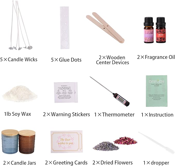 DARJEN Candle Making Kits for Beginners, DIY Starter Scented Candles Making Kit - 2 Glass Jars(Blue, Amber), Soy Wax, Scented, Card & More, Full Soy Candle Making Supplies Set Perfect Gifts